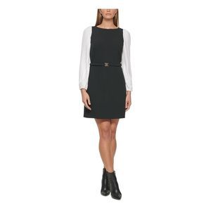 DKNY Womens Black Belted Long Sleeves Crew Neck Short Party Fit + Flare Dress 12